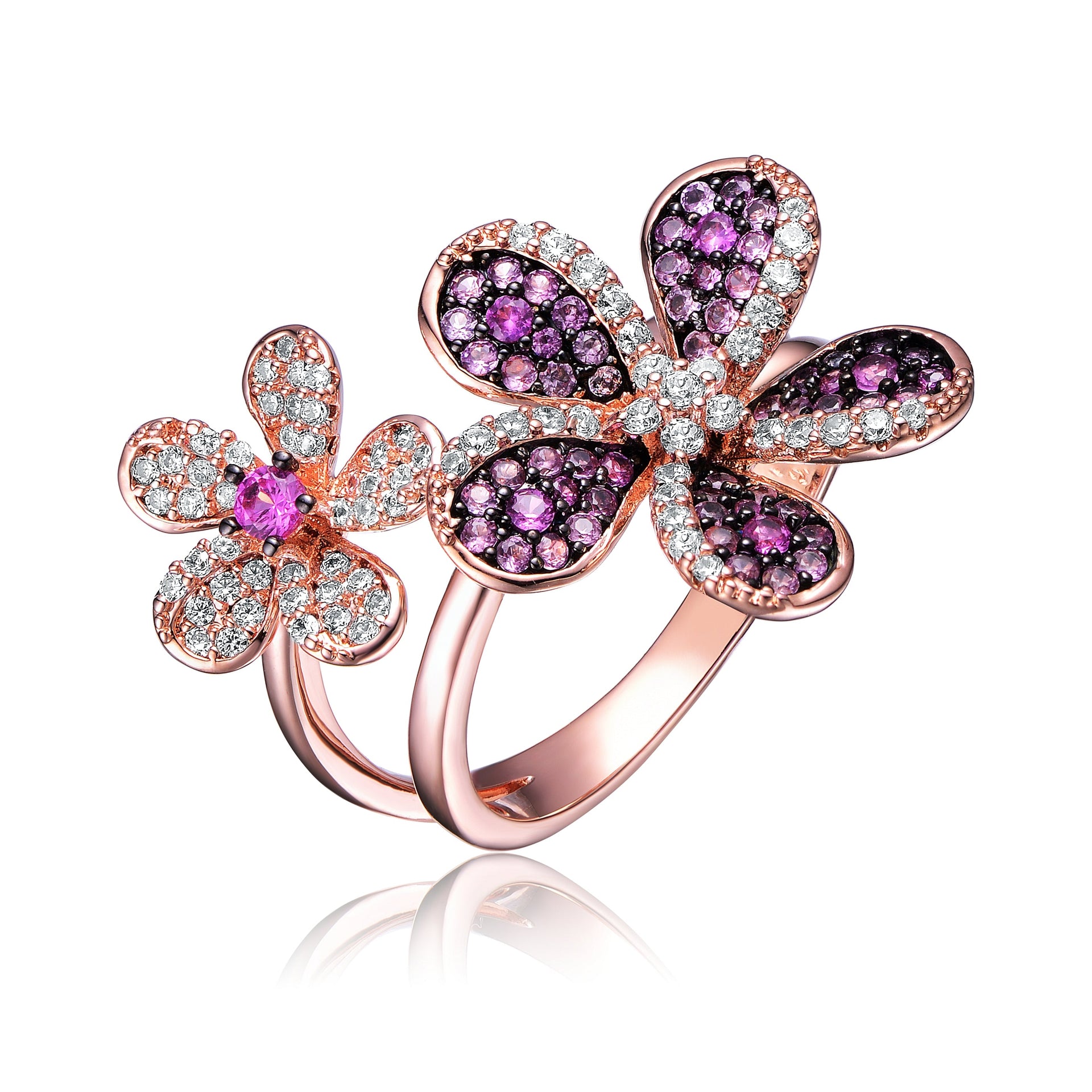 Sterling Silver Rose Gold And Black Plated Multi Colored Cubic Zirconia Floral Ring