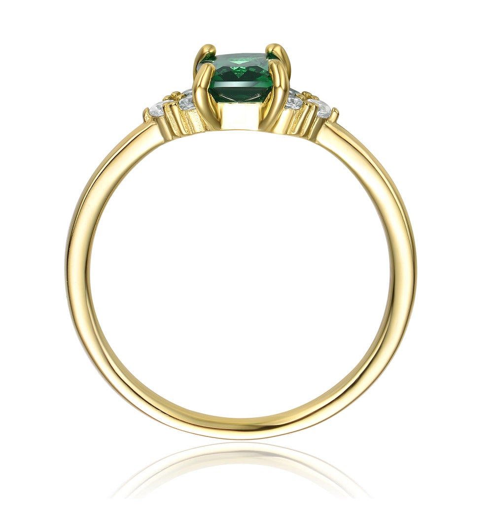 GV Sterling Silver 14k Yellow Gold Plated with Emerald & Cubic Zirconia Solitaire Cluster Anniversary Engagement Ring