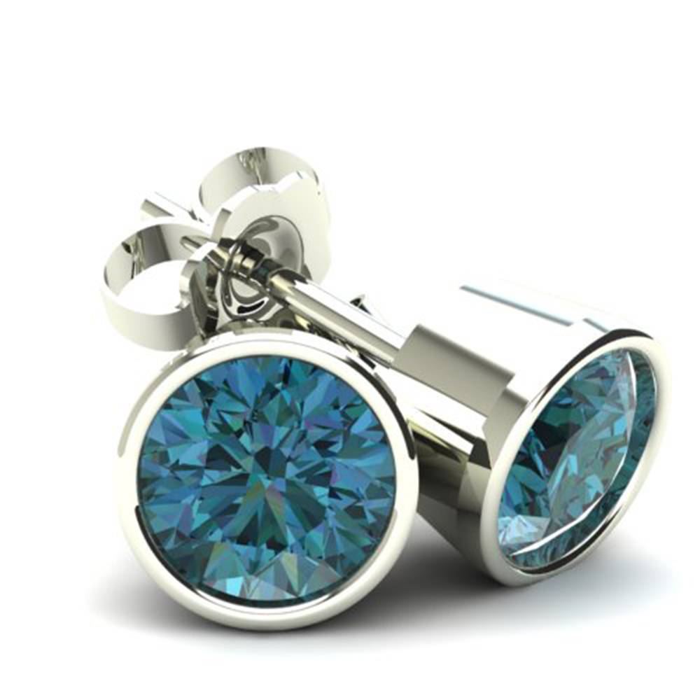 1.50ct Round Brilliant Cut Heat Treated Blue Diamond Stud Earrings In 14K Gold Round Bezel Setting