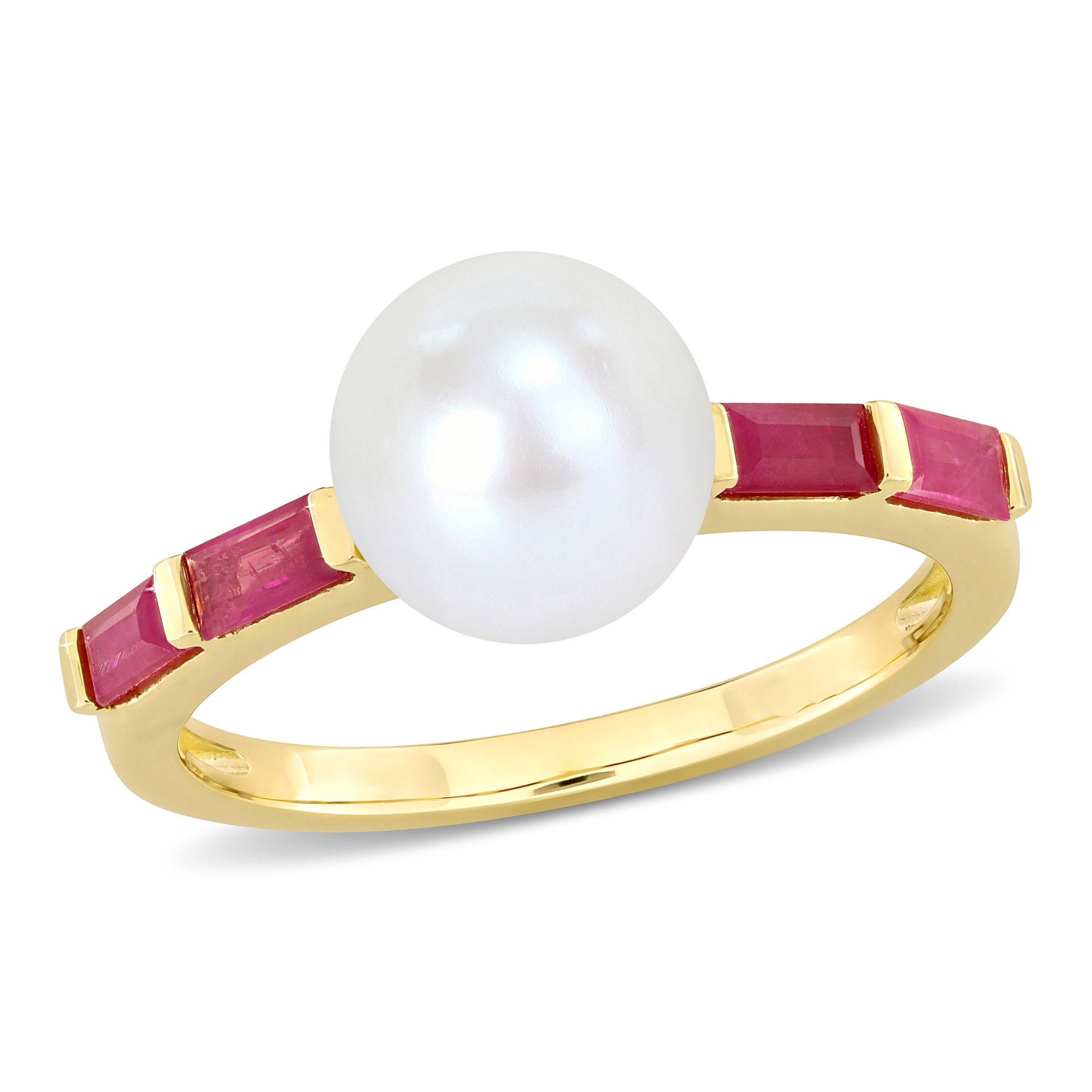 Mimi & Max 8-8.5mm Freshwater Cultured Pearl 3/4ct TGW Baguette Ruby Ring 10k Yellow Gold