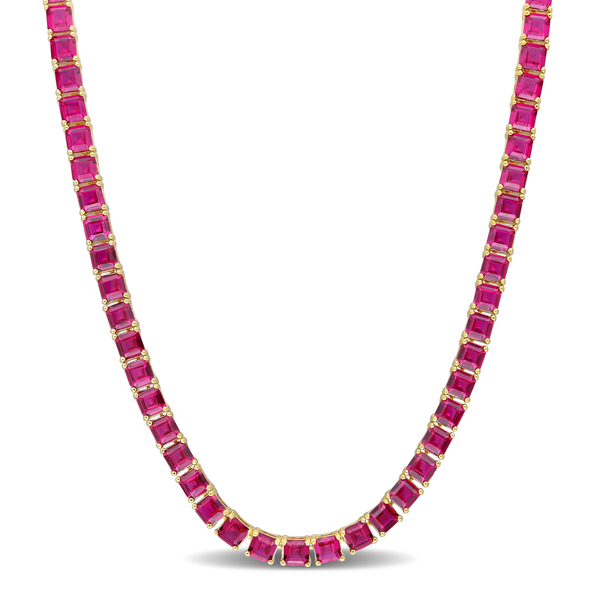 48 1/2 CT TGW Created Ruby Tennis Necklace in Yellow Gold Plated Sterling Silver