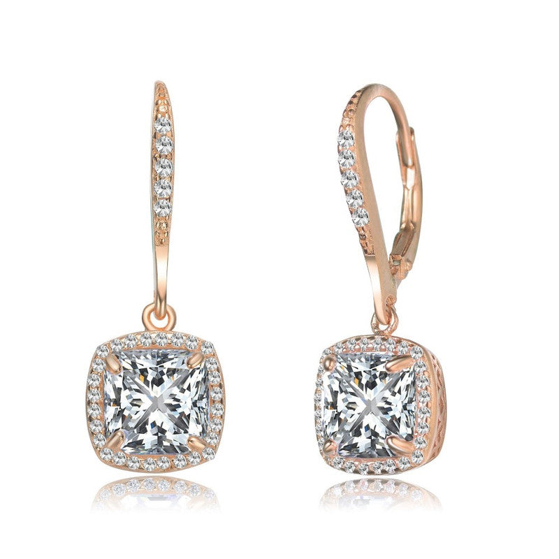 Sterling Silver with Clear Round and Radiant Cubic Zirconia Drop Earrings