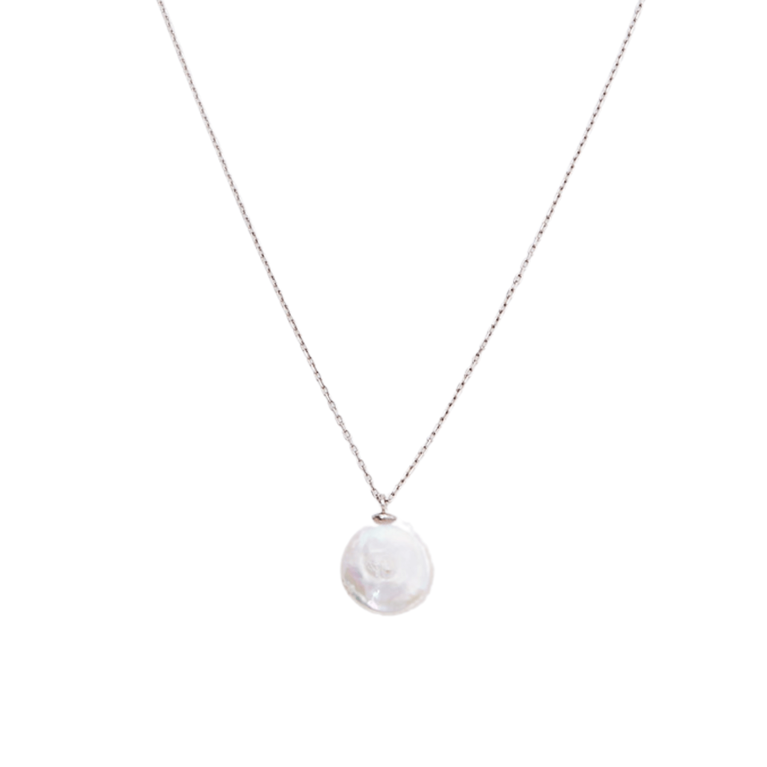 Baroque Flat Pearl Coin Pendant Necklace Sterling Silver - Silver