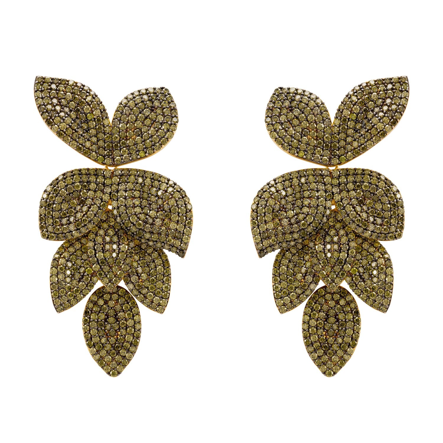 Petal Cascading Flower Earrings Gold Peridot Cz