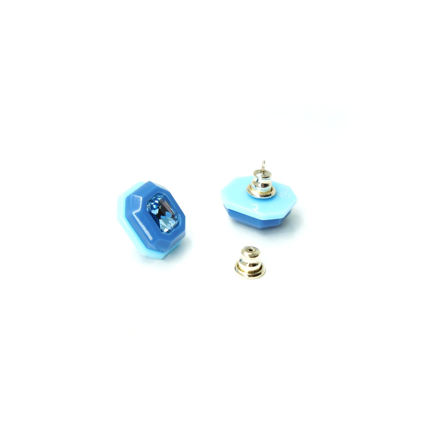 Acrylic Handmade Earring Short Stone Octagonal - Blue