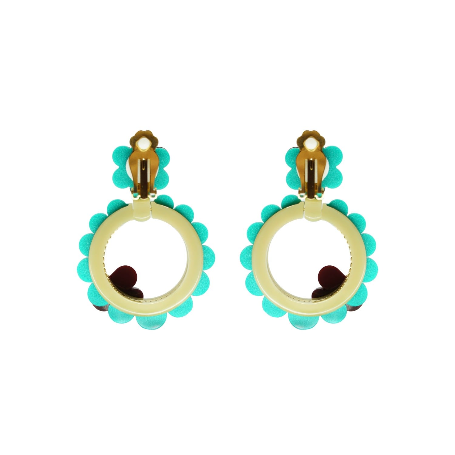 Acrylic Handmade Earring Sunflower Turquoise Green - With Clips