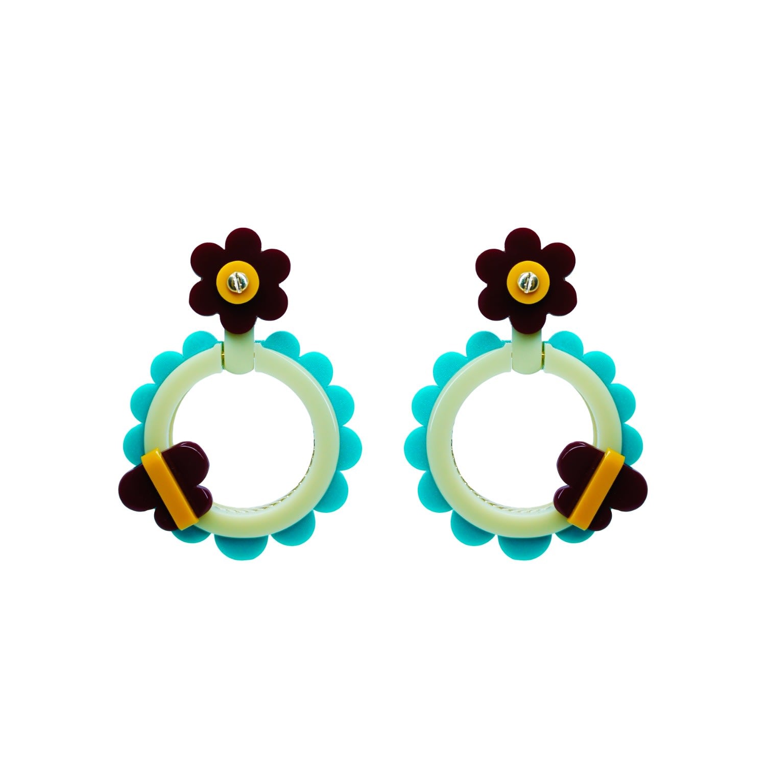 Acrylic Handmade Earring Sunflower Turquoise Green - With Clips