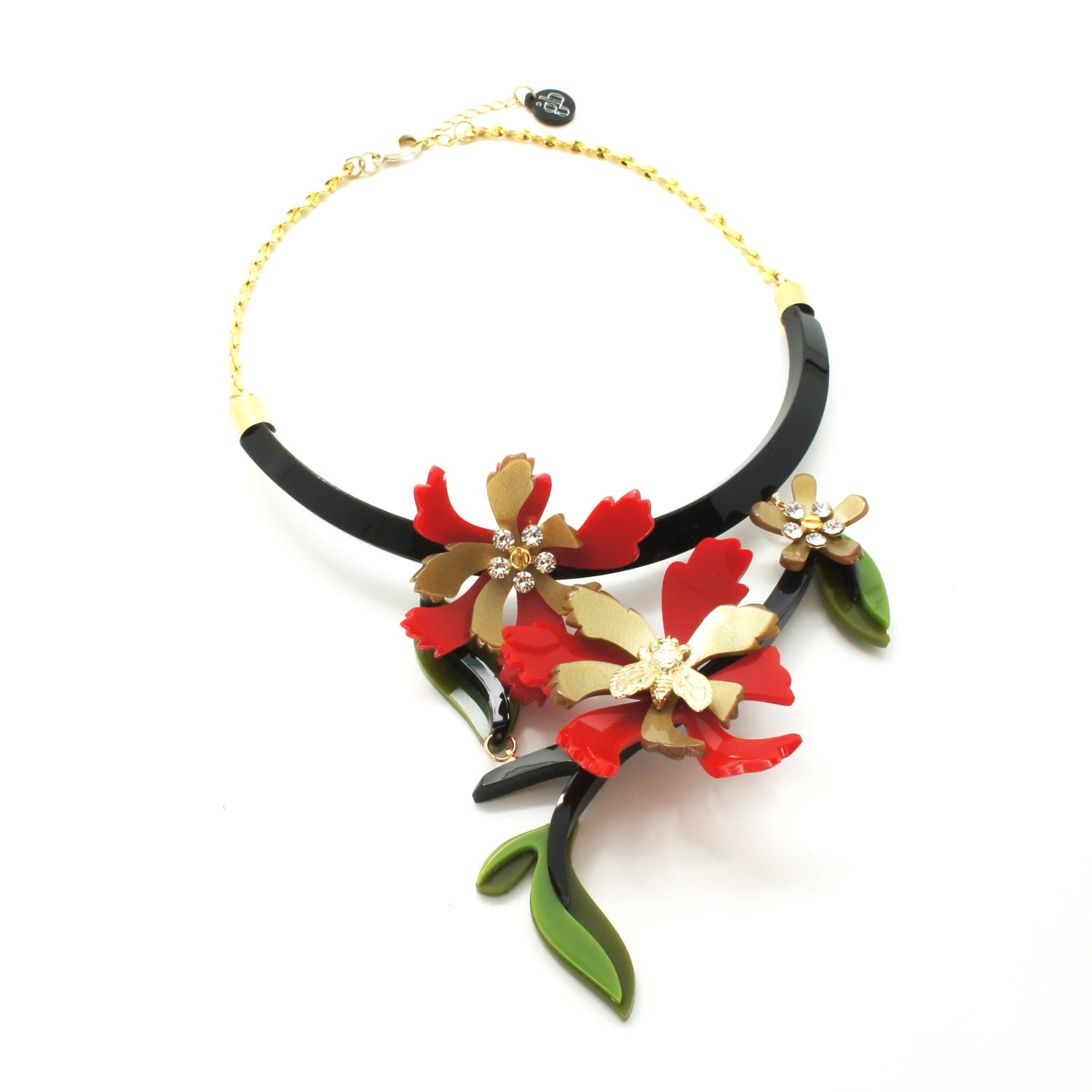 Acrylic Handmade Necklace Flowers And Bee Red