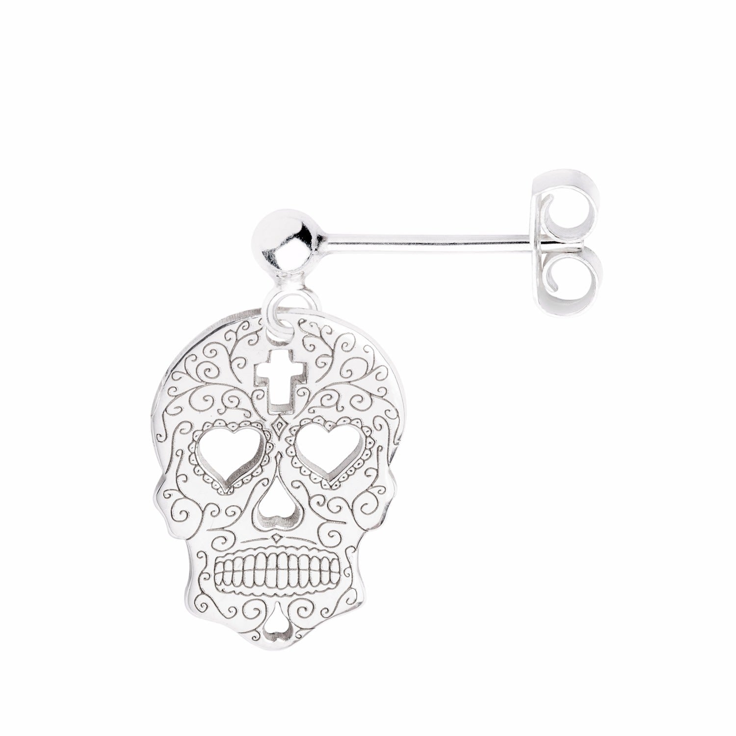 Silver Sugar Skull With Heart Eyes Single Short Drop Earring