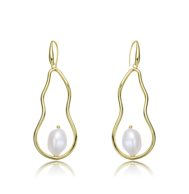 Stylish Sterling Silver 14k Gold Plated With Genuine Freshwater Pearl Elongated Dangling Earrings