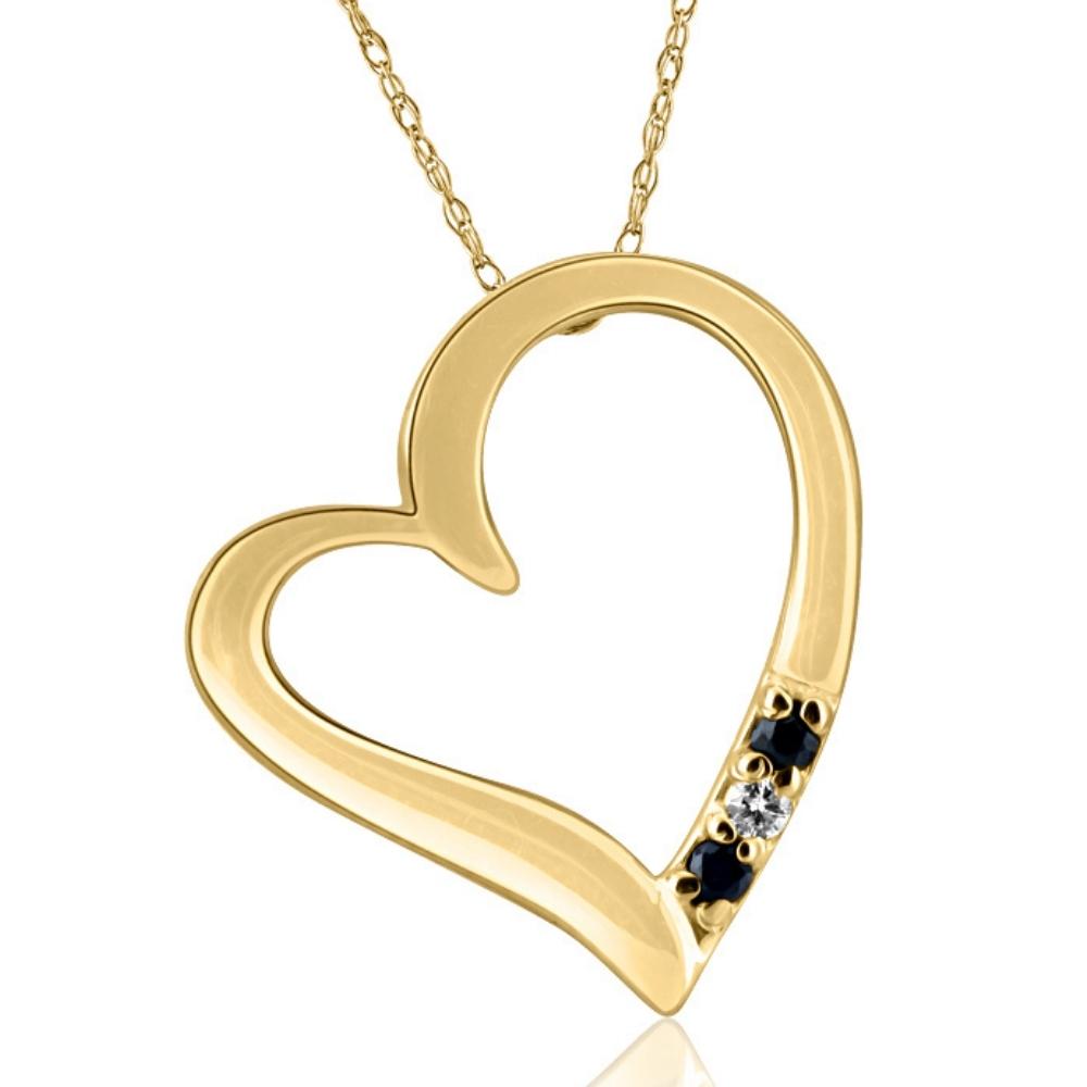 Diamond & Blue Sapphire Heart Pendant 3-Stone Yellow Gold with 18' Chain