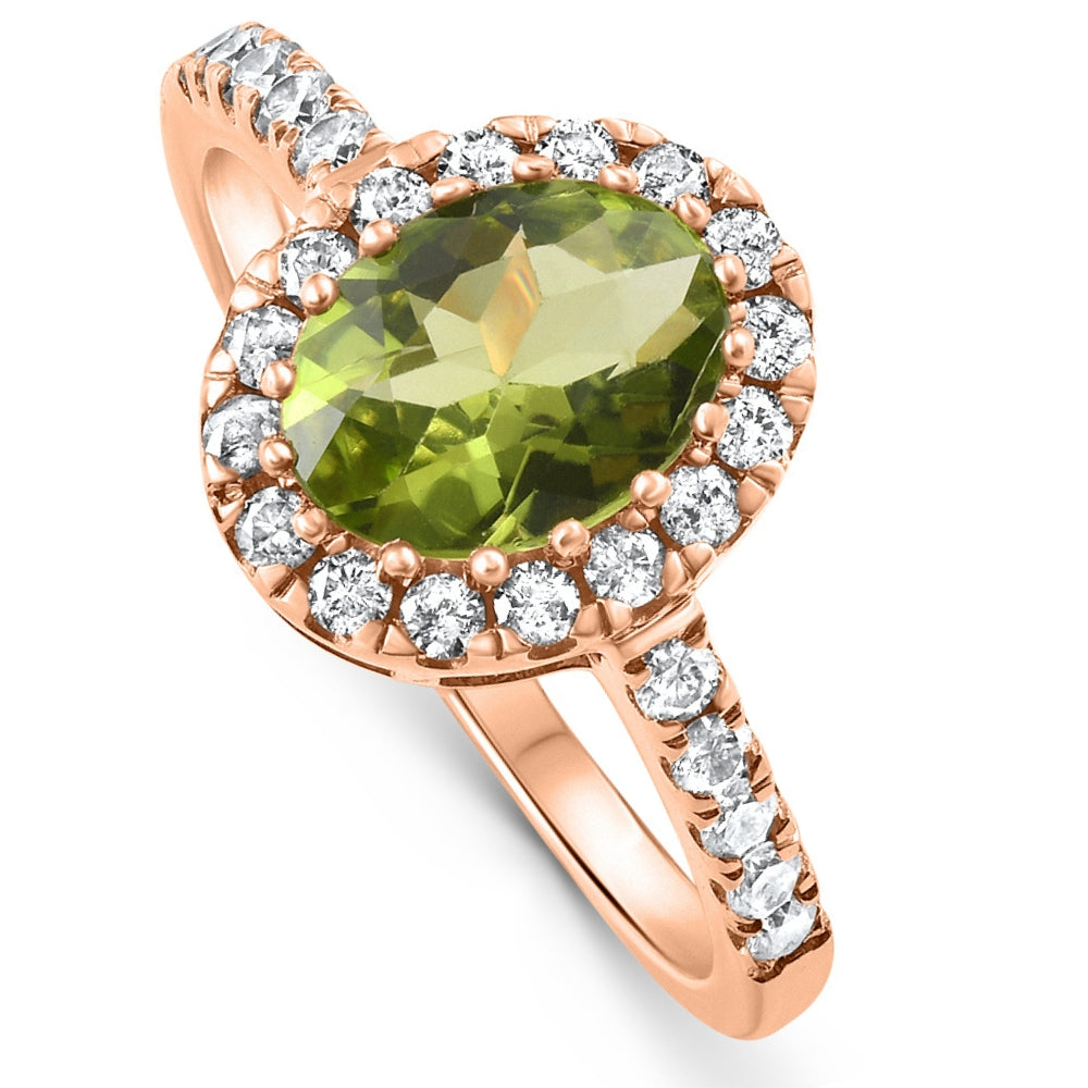 1 1/2 CT Oval Peridot Halo Diamond Ring 14k Gold Lab Grown