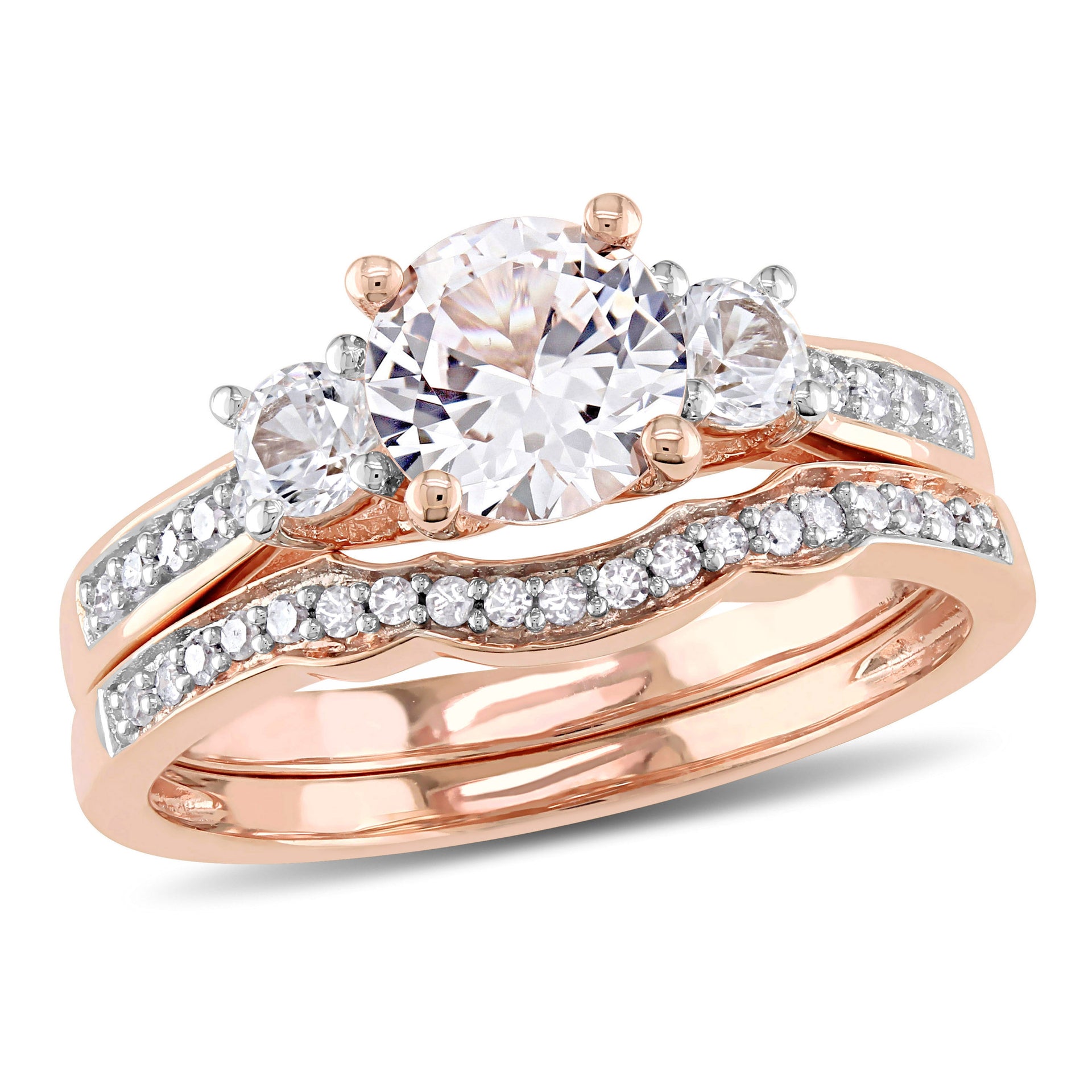1 1/3ct TW Created White Sapphire and 1/8 ct TW Diamond Bridal Ring Set 10k Rose Gold