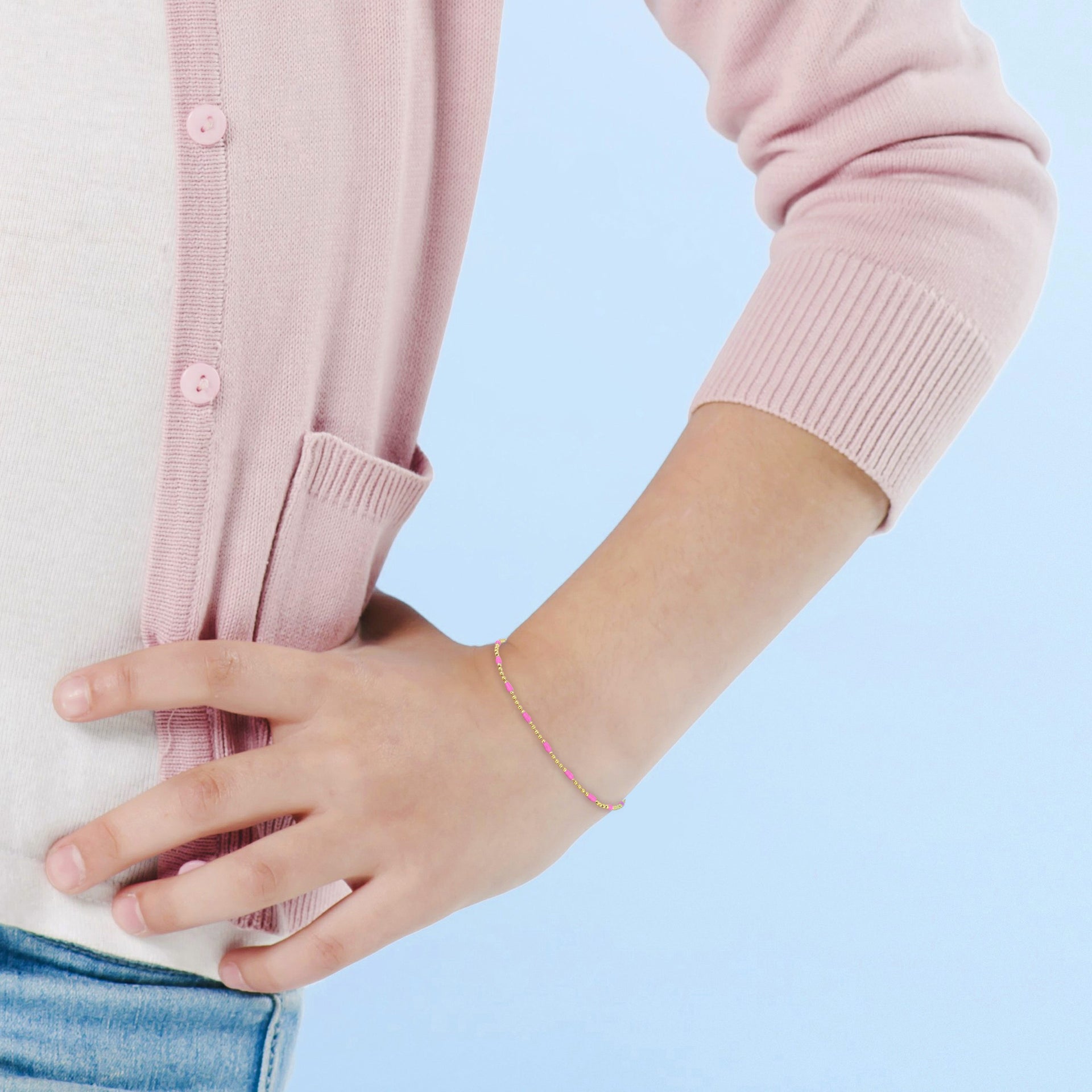 Mimi & Max Pink Enamel 1.5mm Ball Link Bracelet in Sterling Silver - 6.5+1 in.