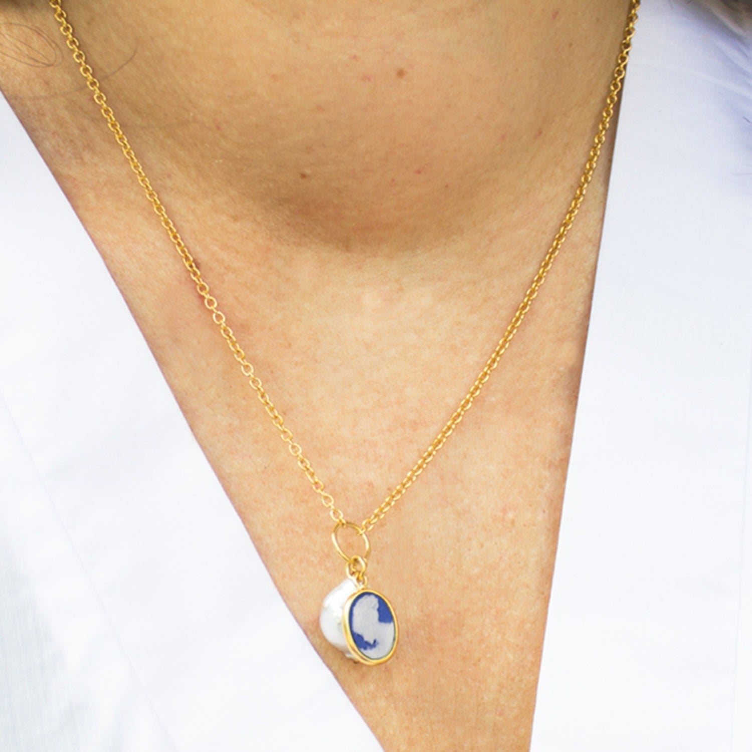Blue Cameo With A Pearl Necklace