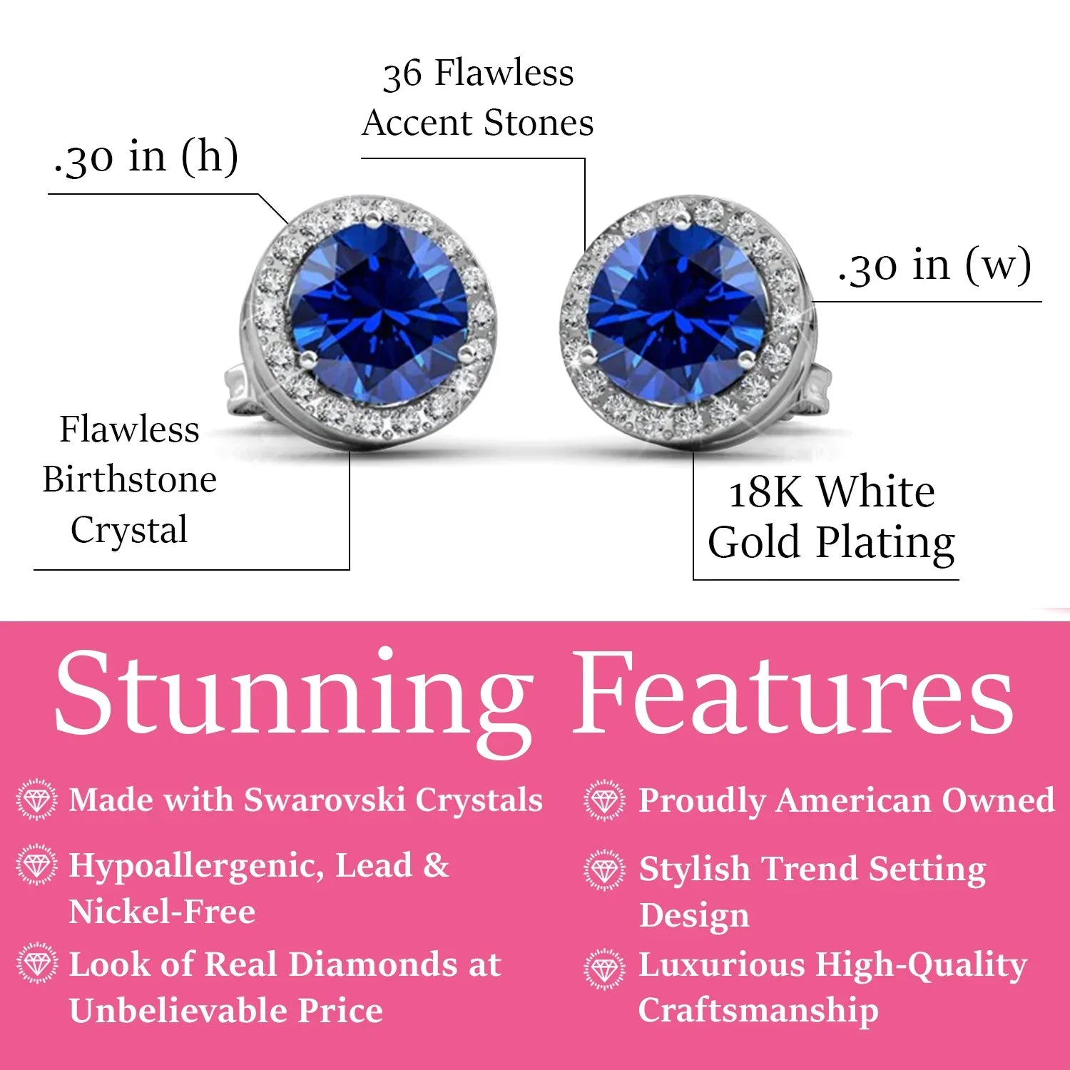 Royal 18k White Gold Plated September Birthstone Halo Earrings with Round Cut Sapphire Swarovski Crystals