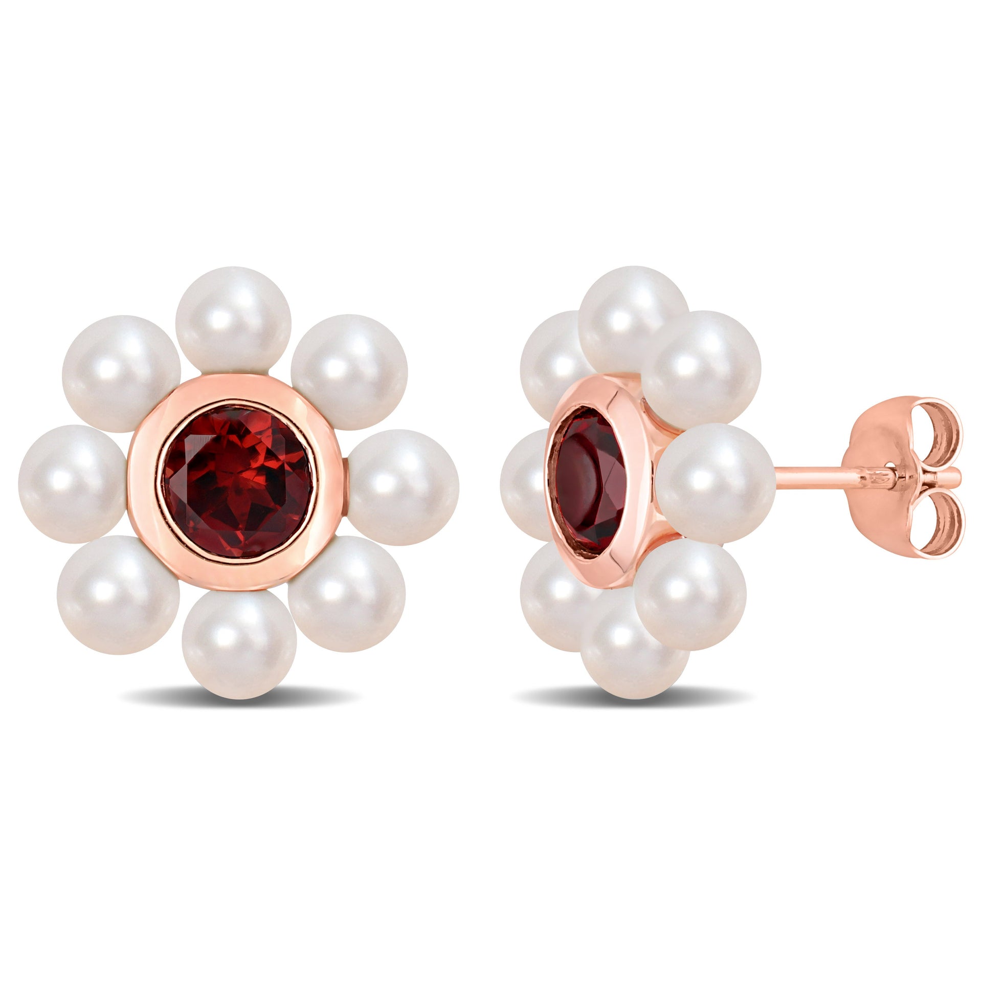 3.5-4mm Freshwater Cultured Pearl and 1 1/5 CT TGW Garnet Floral Stud Earrings in 10k Rose Gold