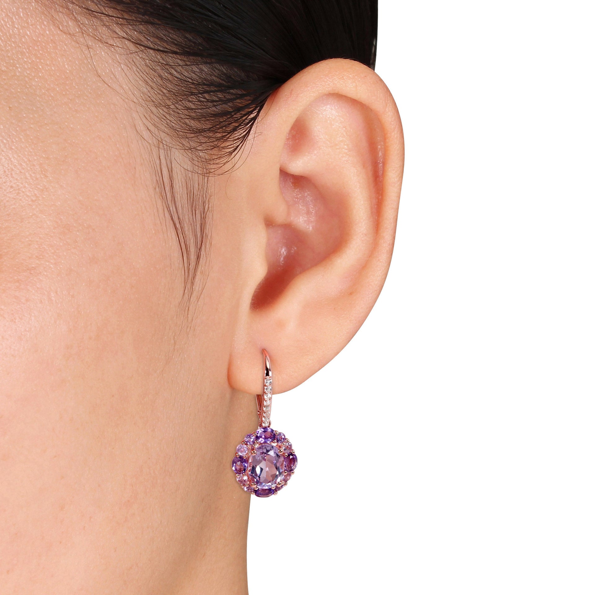 5 1/2 ct TW Amethyst-White Topaz and Rose de France Floral Leverback Earrings in Rose Silver