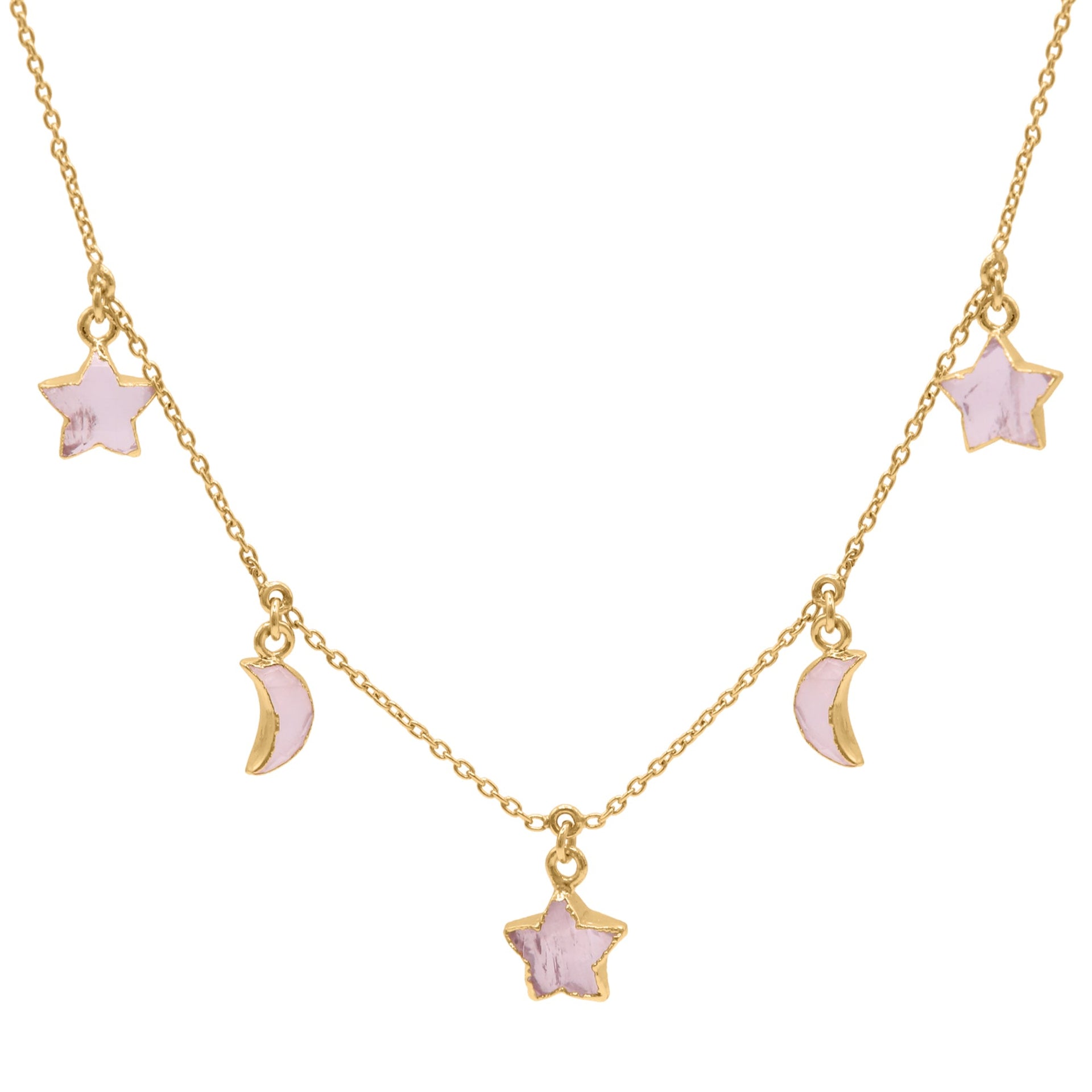 Adela Rose Quartz Star & Moon Charm Necklace | Gold Plated