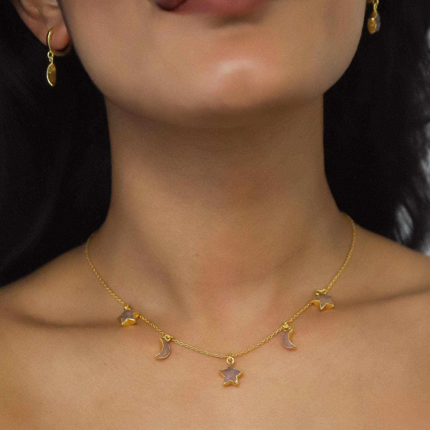 Adela Rose Quartz Star & Moon Charm Necklace | Gold Plated