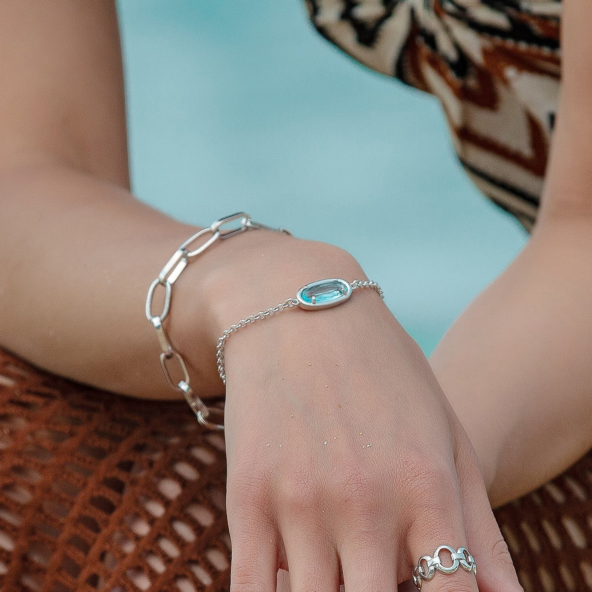 Abstract Oval Gemstone Silver Bracelet - Aqua Blue