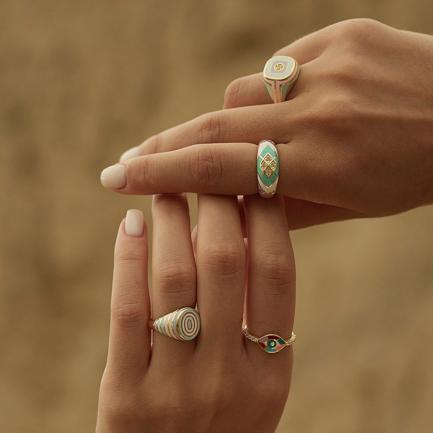 Adjustable Multi Pastel Color Enamel Sterling Silver Gold Vermeil Signet Ring