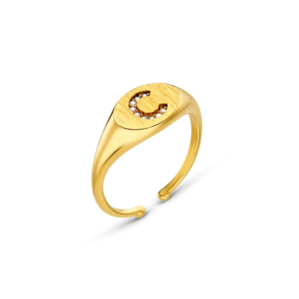 C Pavé Initial Adjustable Signet Ring