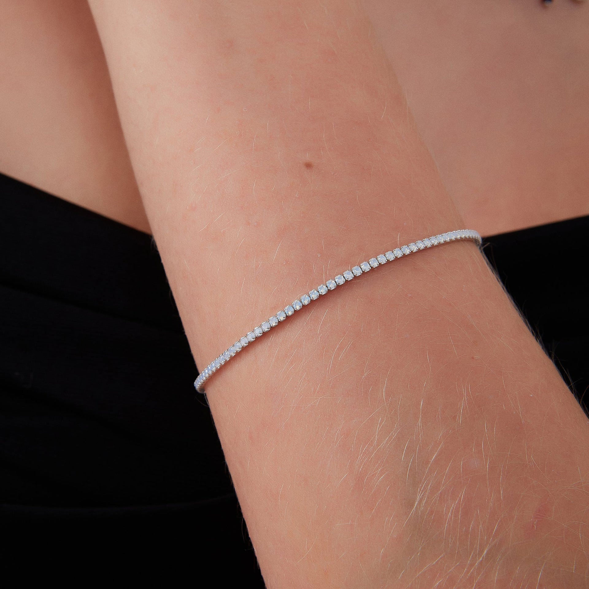 White Fine Opal Tennis Bracelet In Sterling Silver & Adjustable