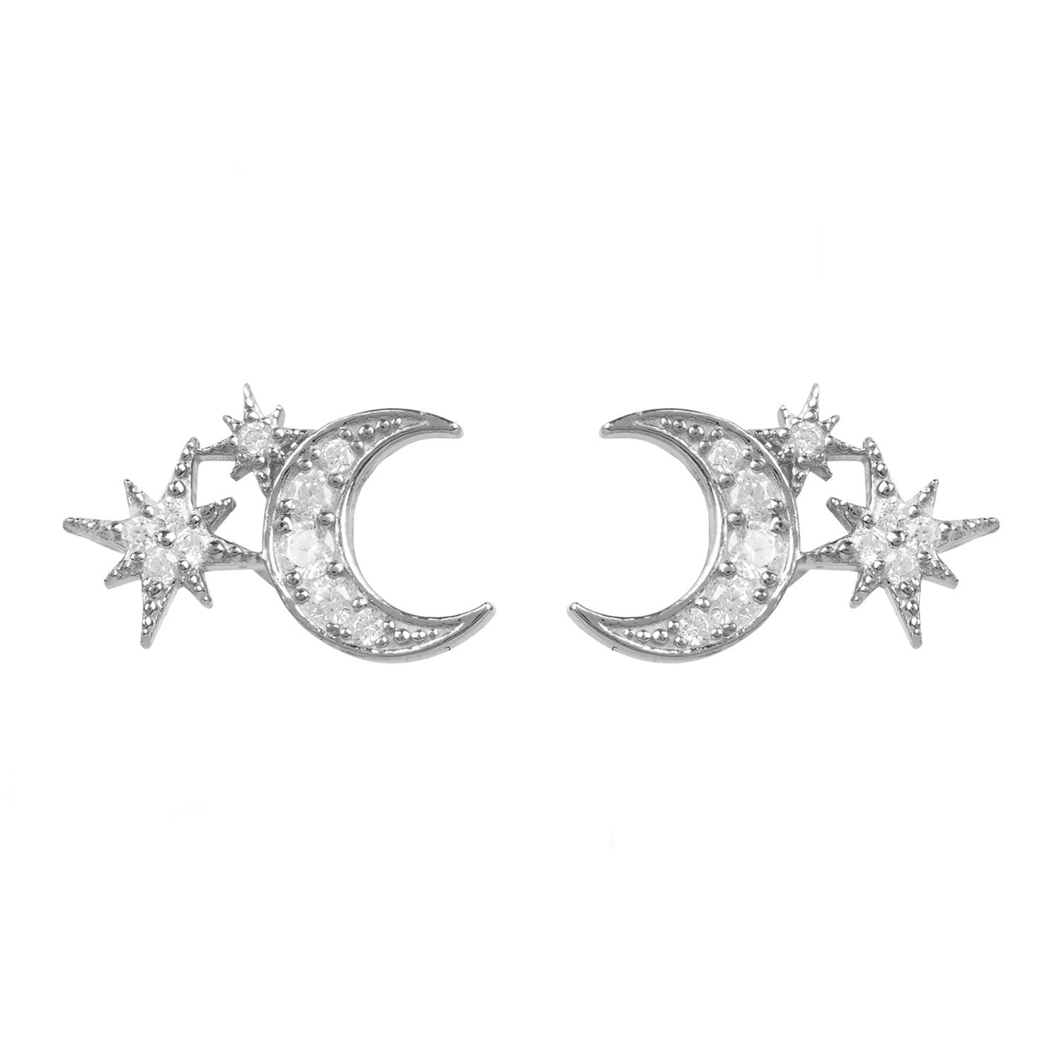 Moon & Starburst Small Stud Earrings Silver