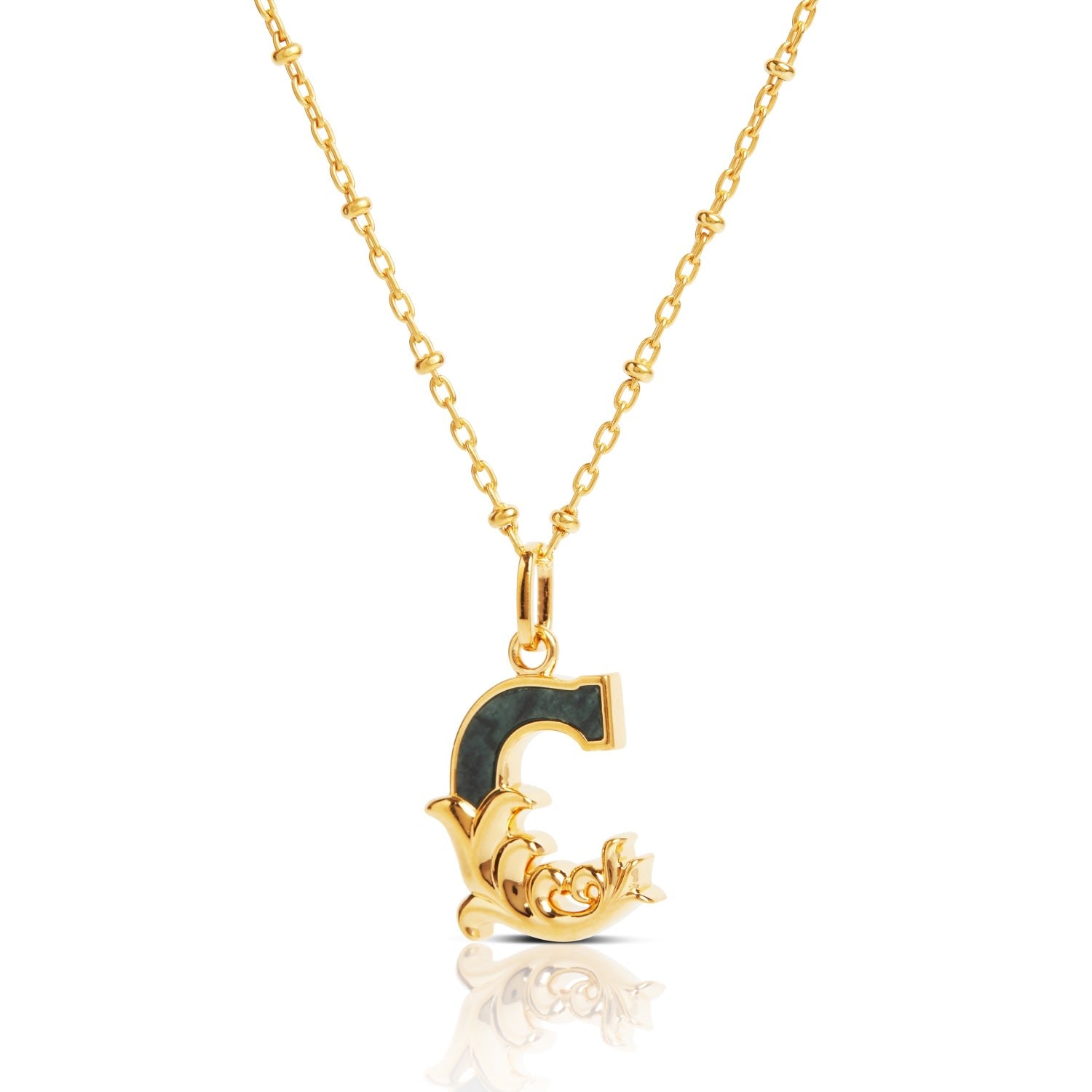 Gold Plated C Initial Necklace With Green Marble