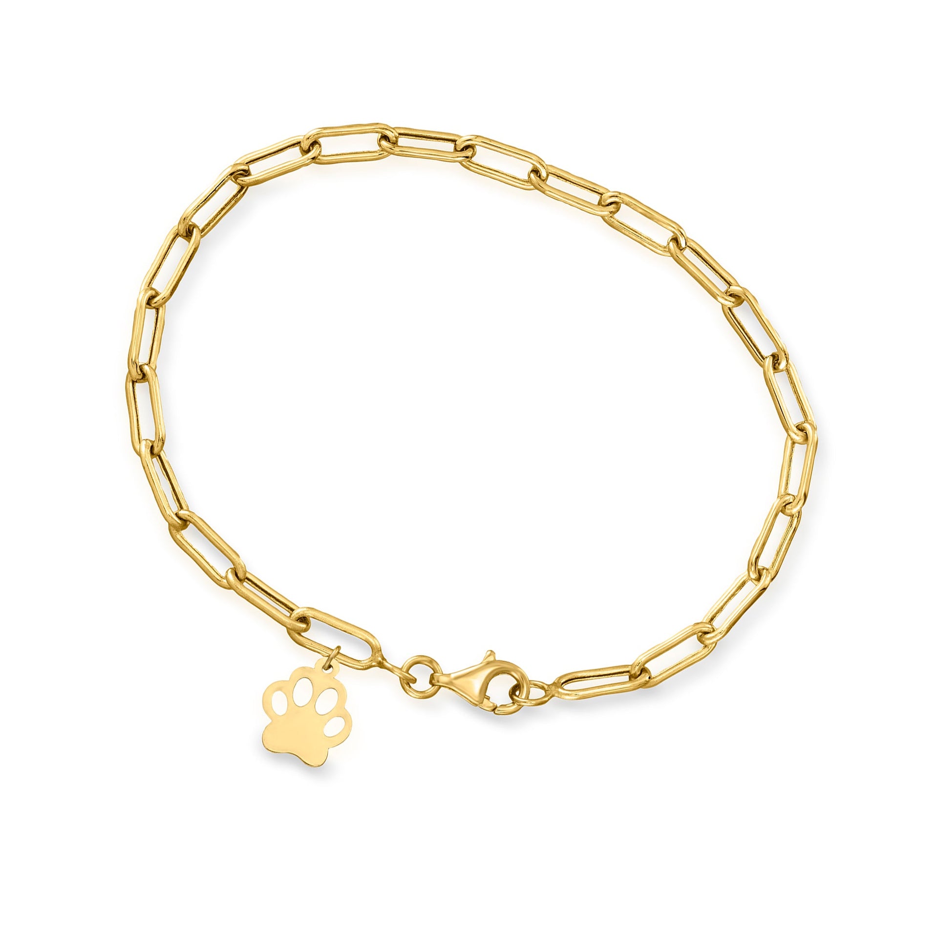 Canaria 10kt Yellow Gold Paw Print Charm Paper Clip Link Bracelet