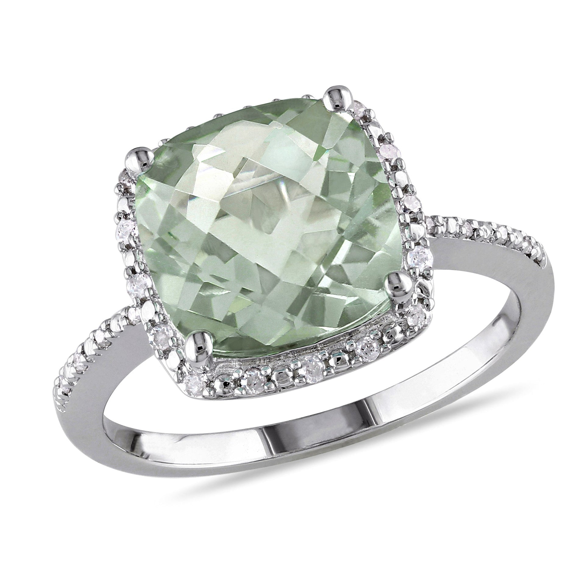 4 ct TW Cushion Cut Green Quartz and 1/10ct TDW Diamond Halo Ring in Sterling Silver