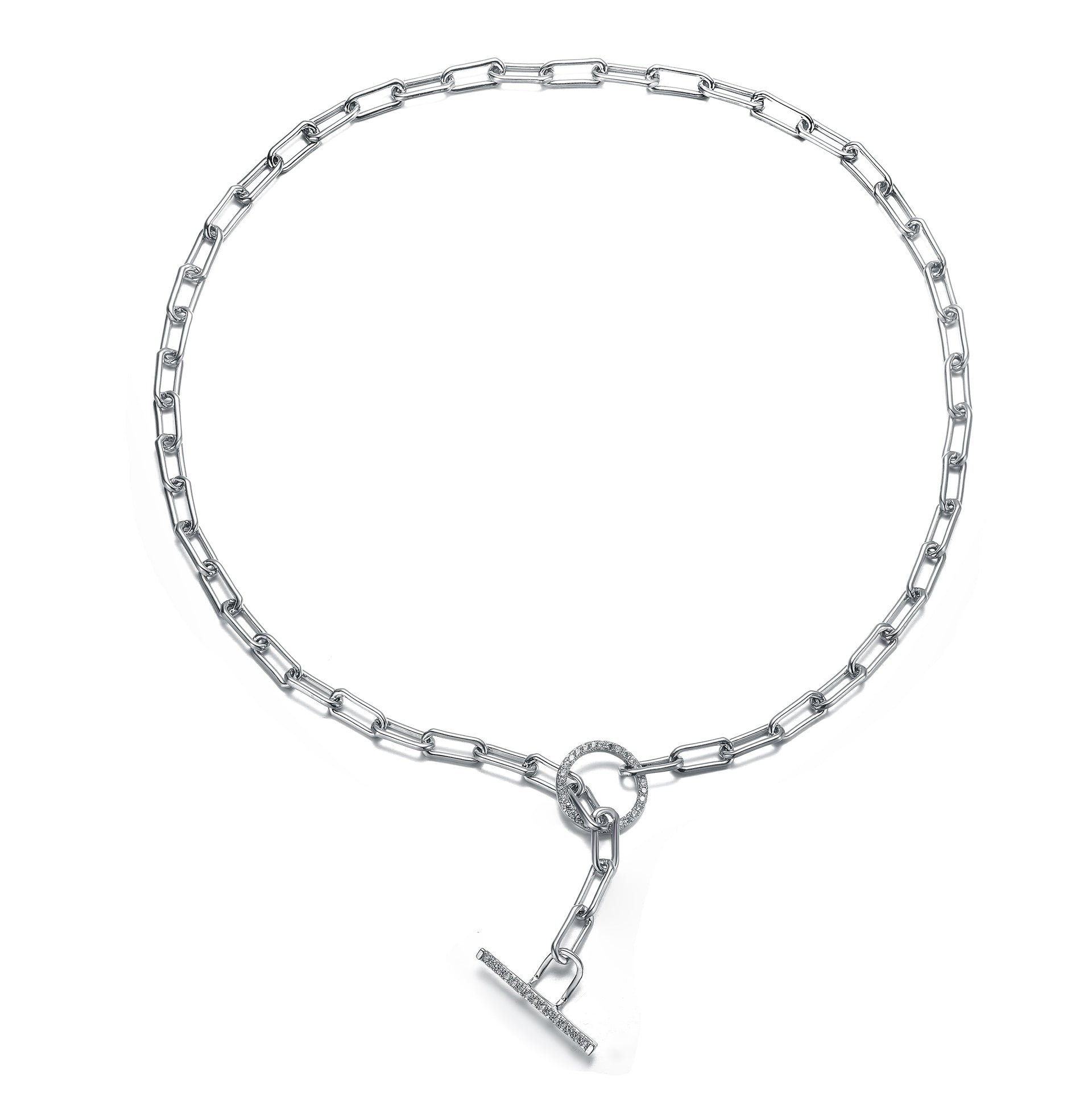 Sterling Silver White Gold Plated Cubic Zirconia Spring Ring Chain Necklace