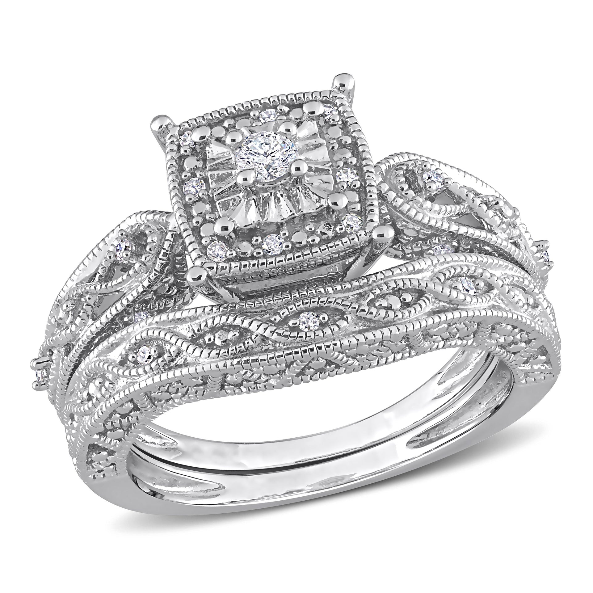 1/5ct TW Diamond Cushion Shape Filigree Bridal Set in Sterling Silver