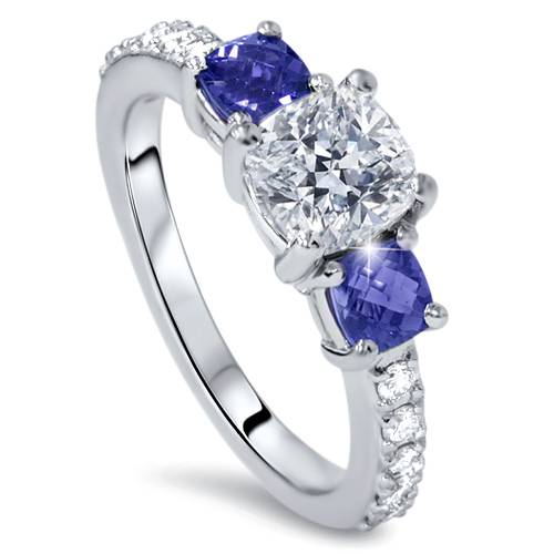 3.25ct Cushion Diamond & Treated Blue Sapphire Engagement Ring 14k Enhanced