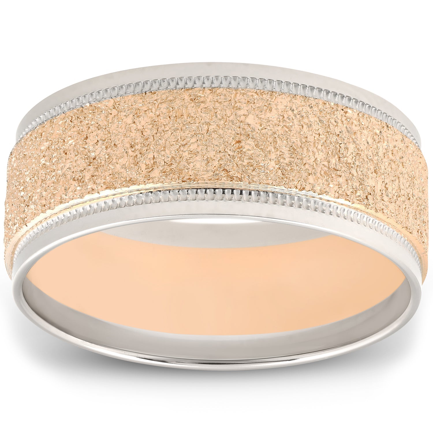 8mm Two Tone Stone Finish Wedding Band 14K Gold