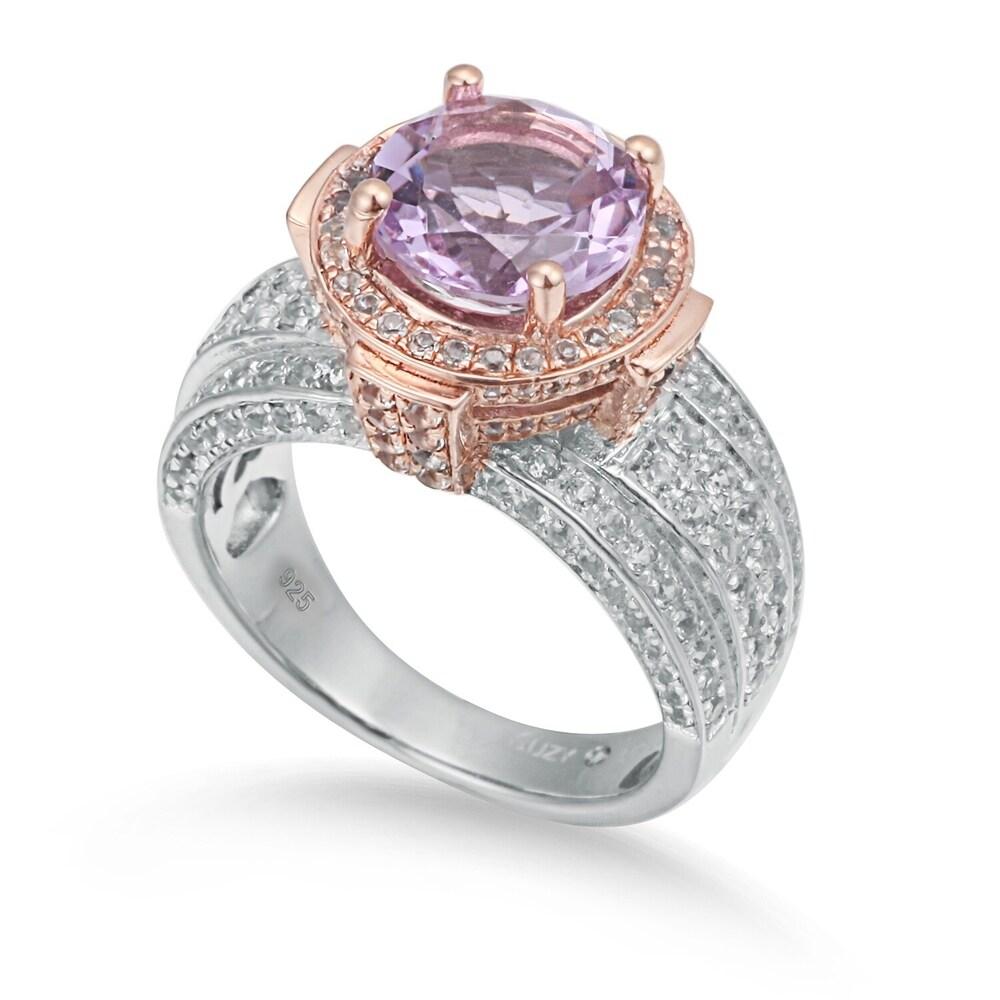 Suzy Levian Two-Tone Sterling Silver Round 4.85 TCW Purple Amethyst Ring