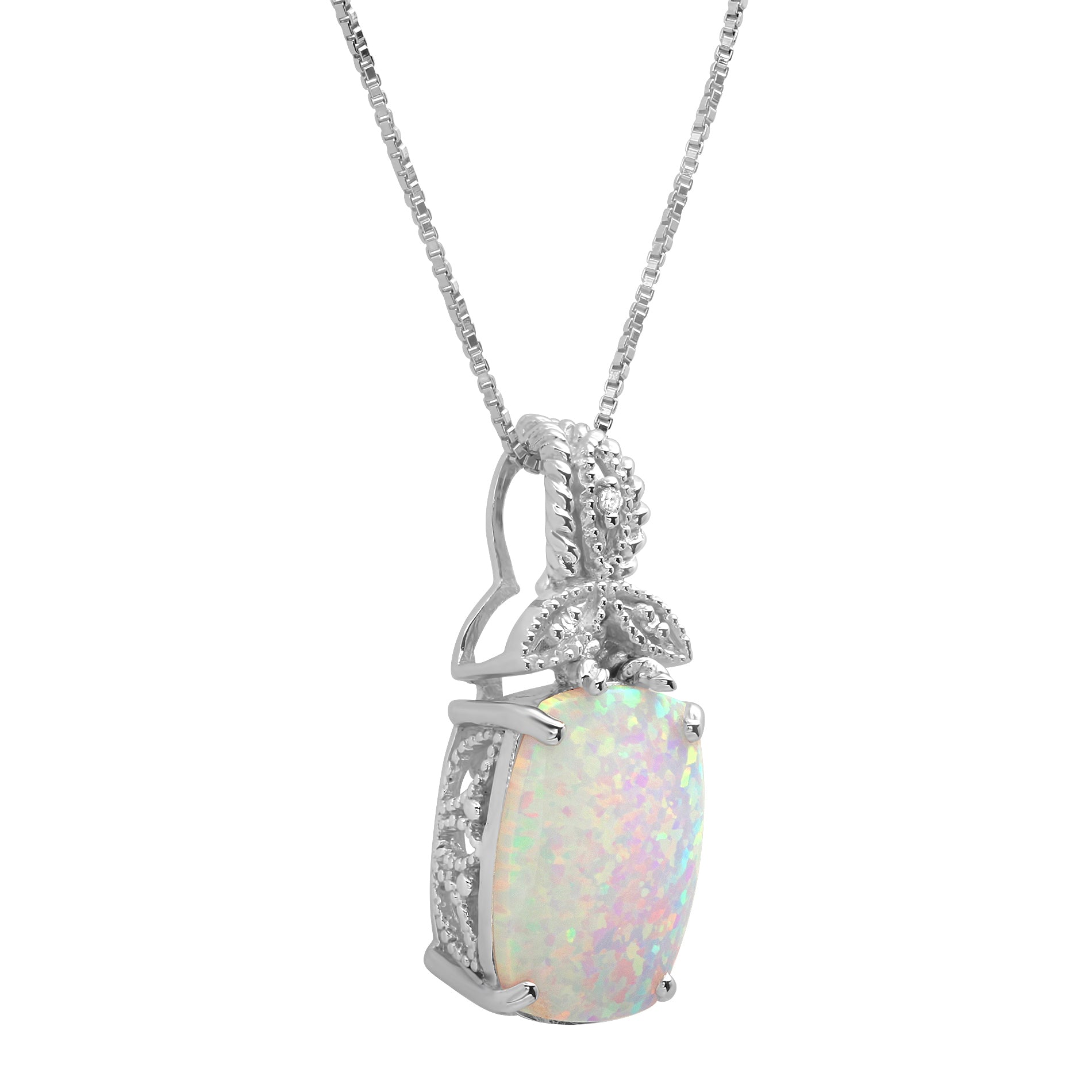 Sterling Silver 13x10mm Created Opal and Diamond Accent Pendant Necklace, 18'