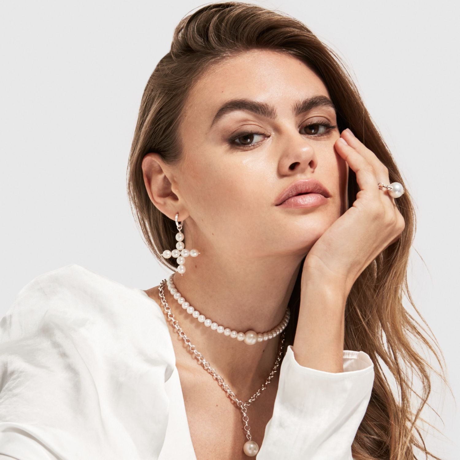 Aelia Cross Pearl Hoop Earrings - Silver