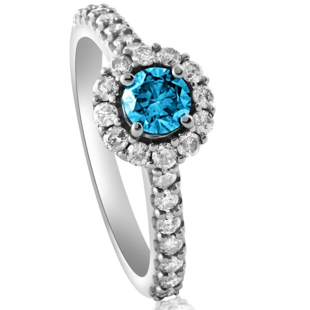 1 3/8 ct Blue Diamond Halo Engagement Ring 14K White Gold