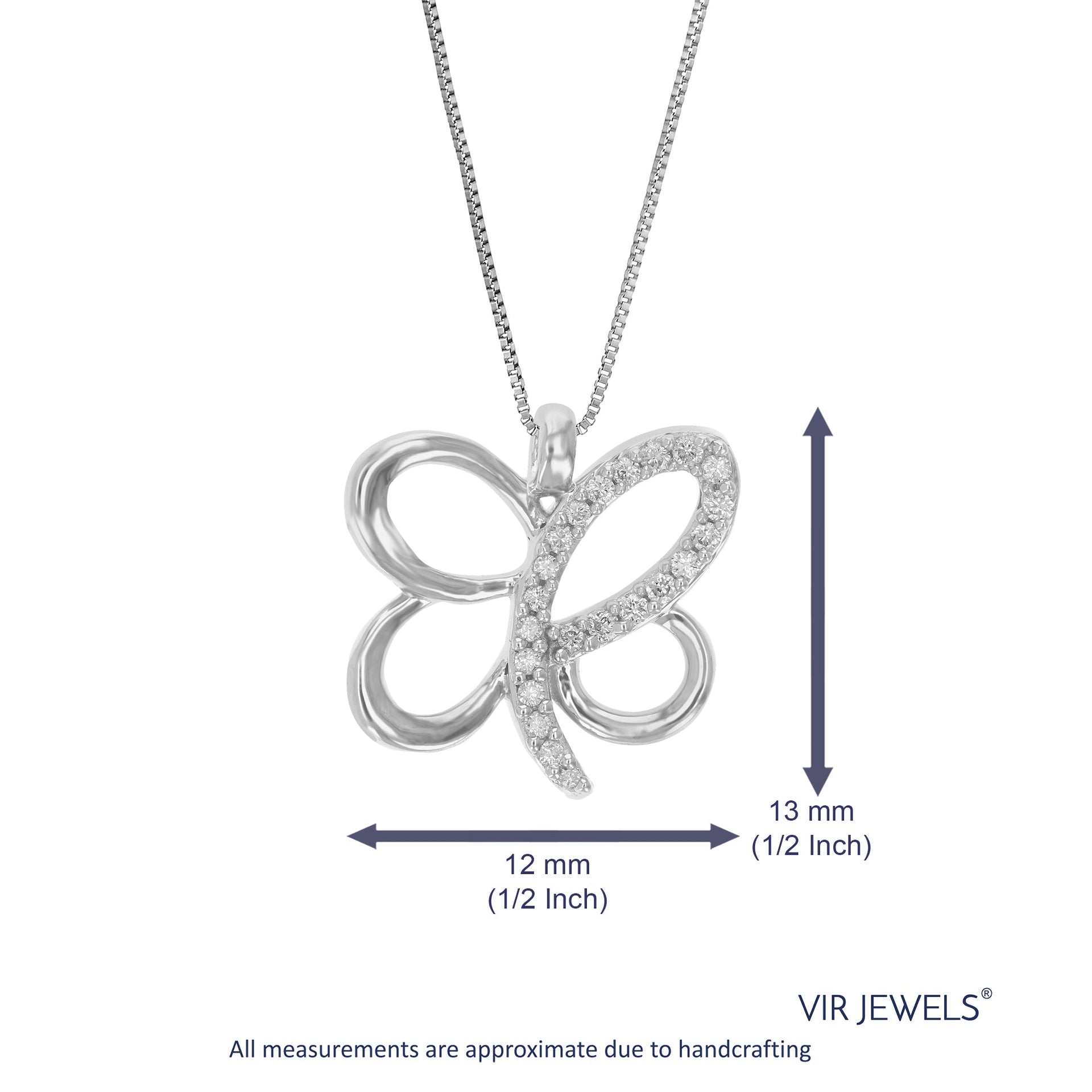 1/10 cttw Lab Grown Diamond Butterfly Pendant Necklace .925 Sterling Silver 1/2 Inch With 18 Inch Chain