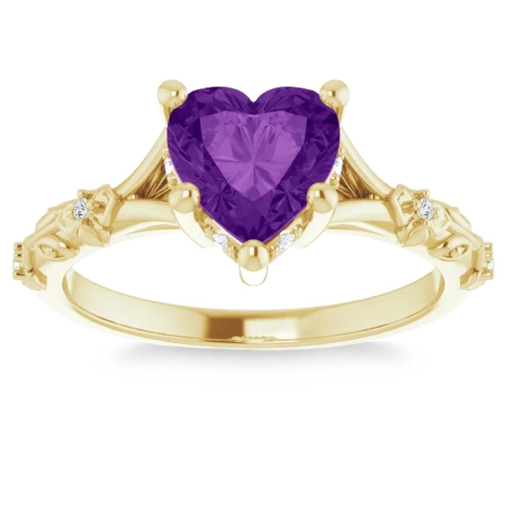 7mm Amethyst Vintage Diamond Heart Shape Leaf Ring in 14k White or Yellow Gold