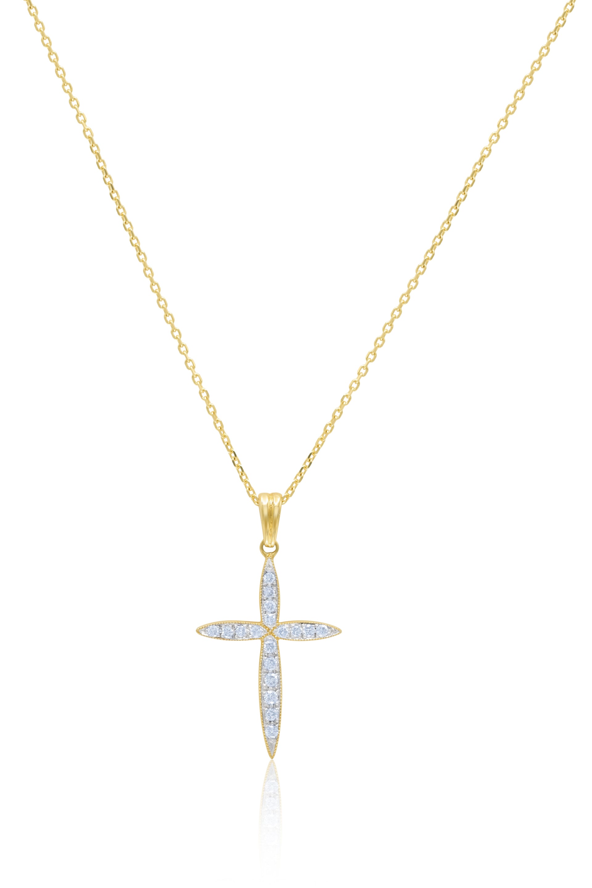 18kt yellow gold, 0.75' diamond rounded off cross pendant adorned with 0.27 cts tw of round diamonds
