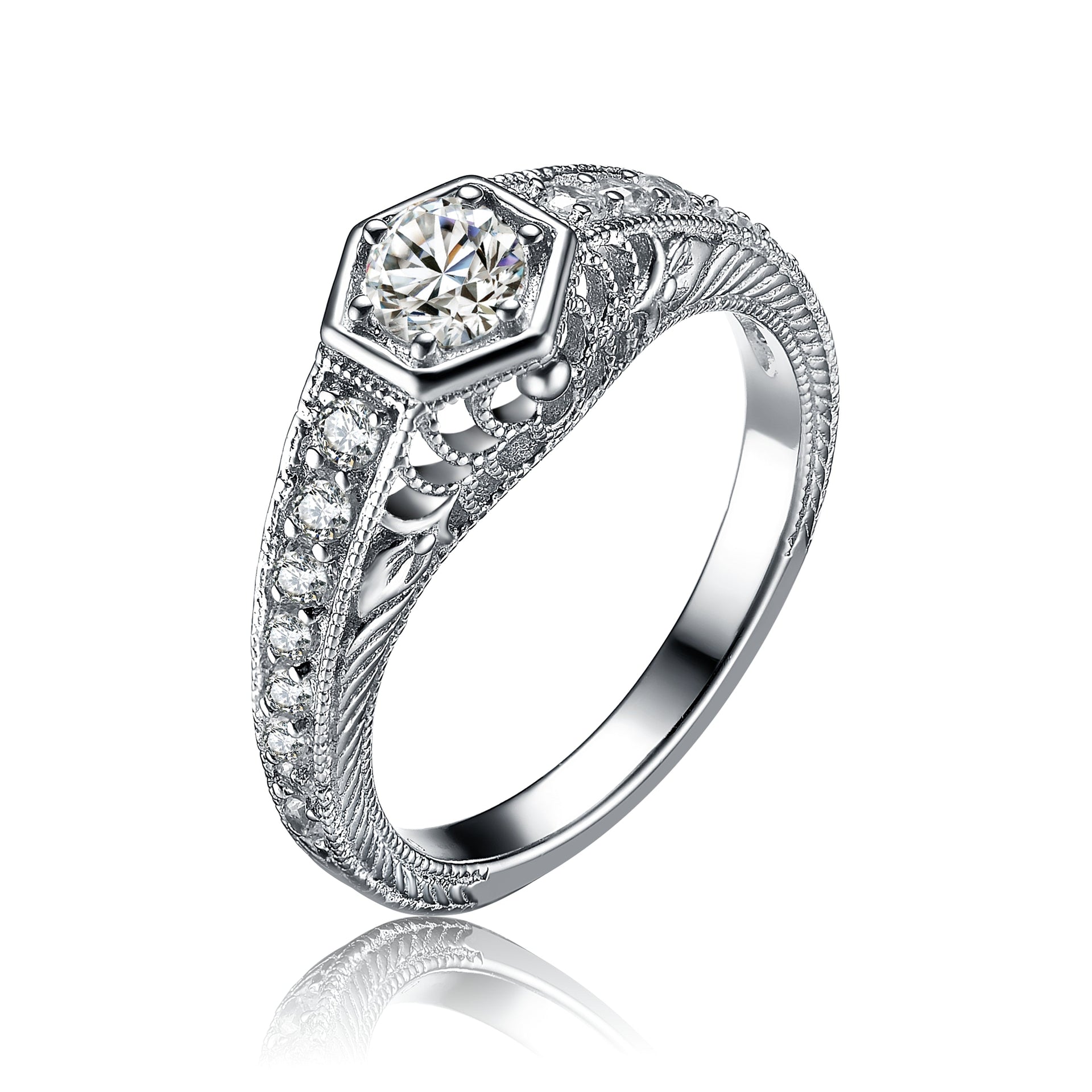 Sterling Silver Art Deco Cubic Zirconia Geometric Engraved Pave Ring