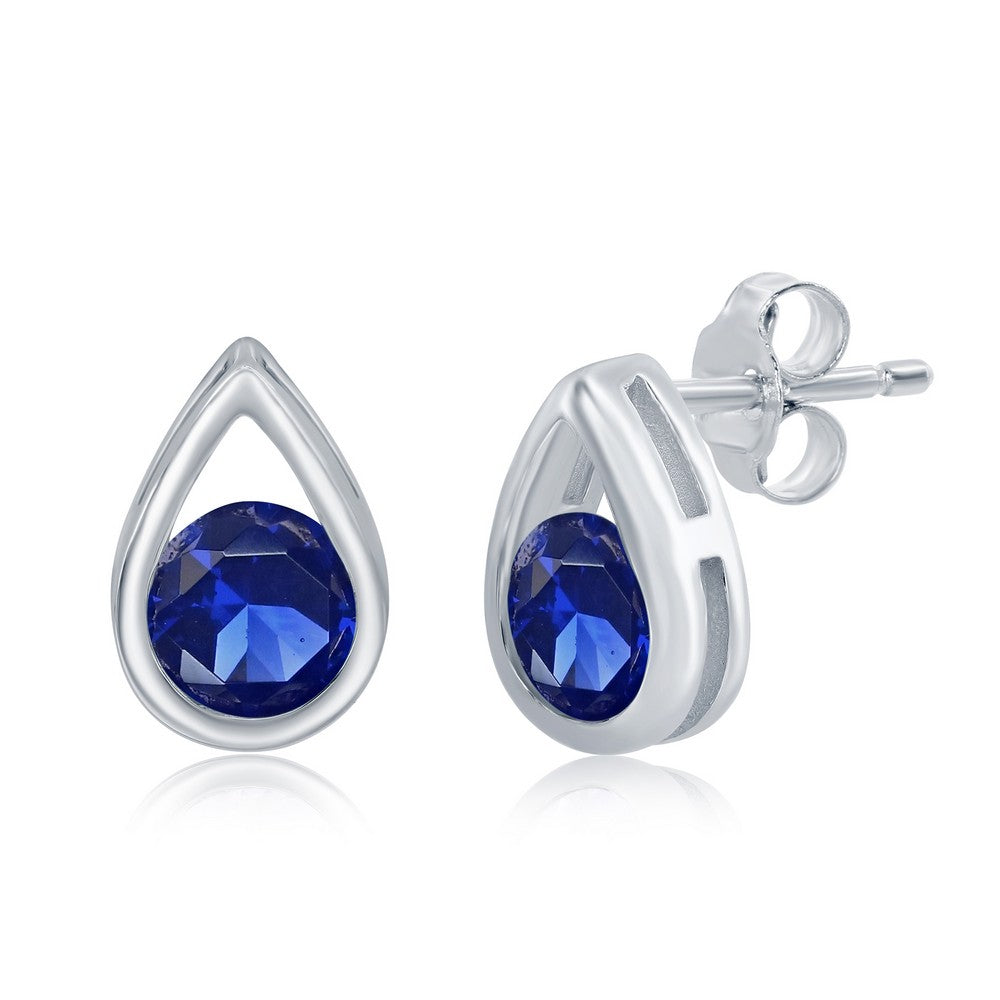 Sterling Silver Pearshaped Earrings W/Round 'September Birthstone' Studs - Sapphire