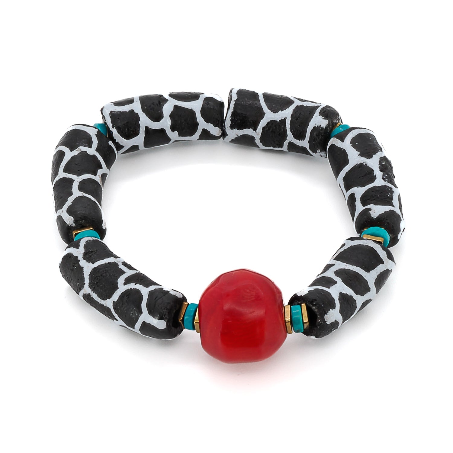 African Zebra Red Coral Beaded Bracelet - Red