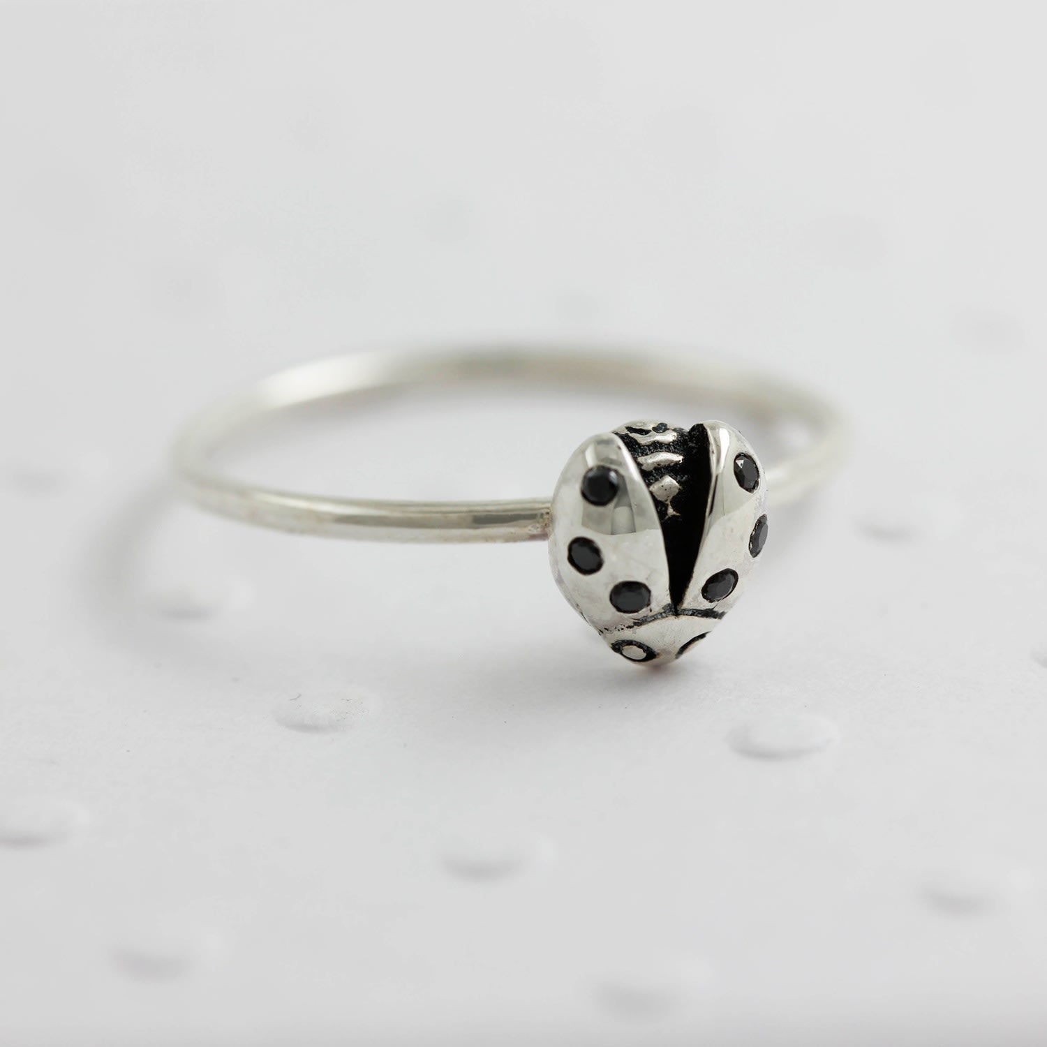 Ladybird Black Diamond Ring - Silver - Wings Open