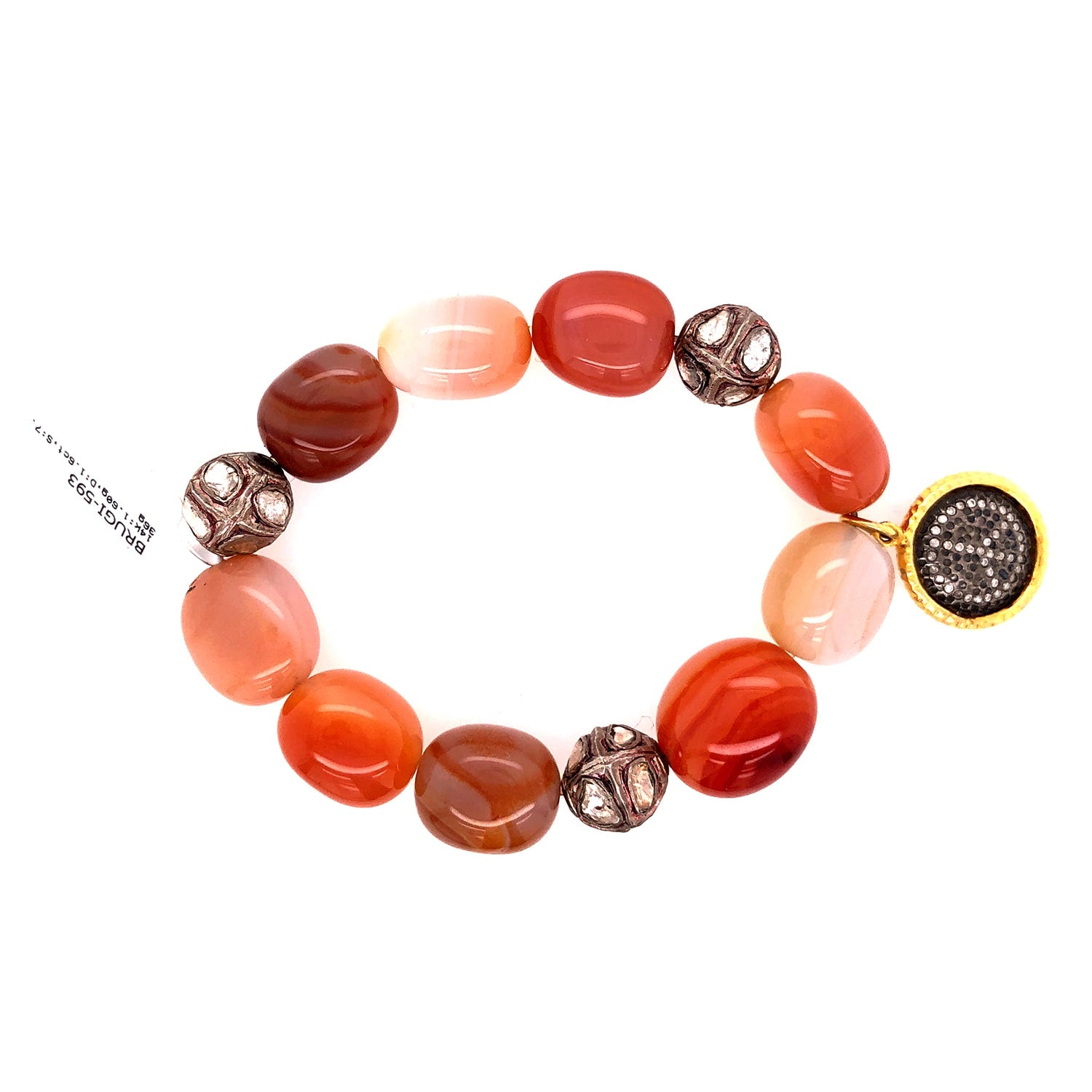 Agate Bead Bracelet With Diamond Pave Peace In Gold & Silver