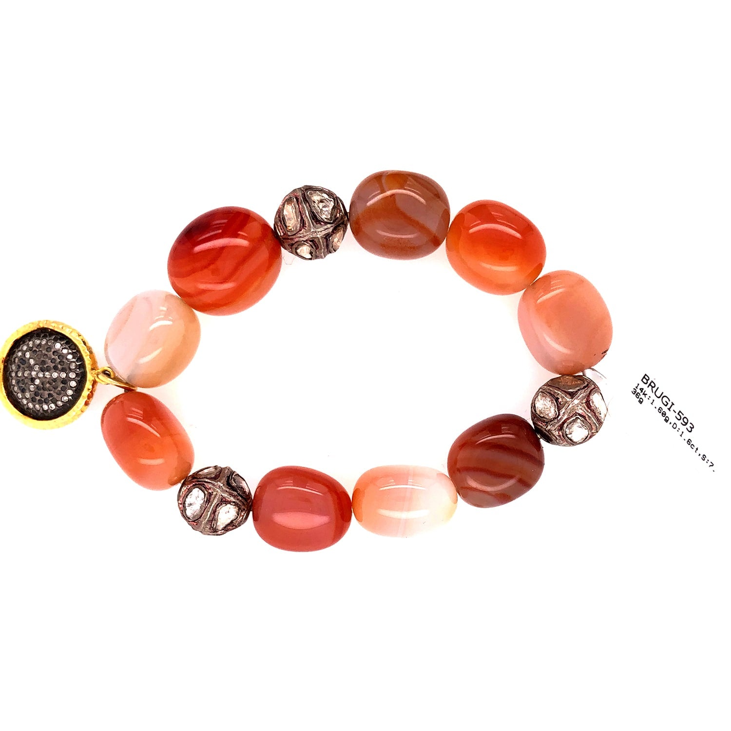 Agate Bead Bracelet With Diamond Pave Peace In Gold & Silver