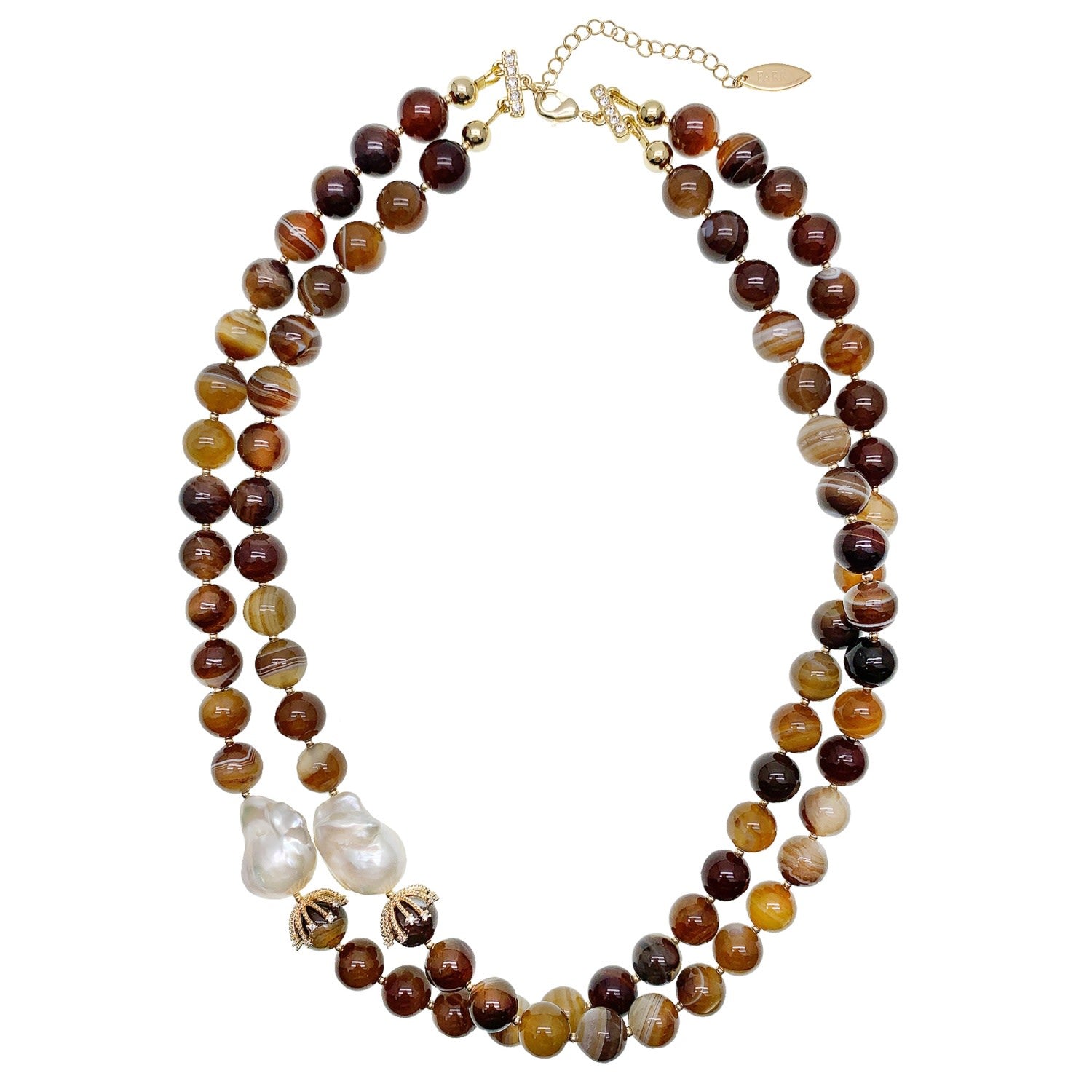 Brown Agate With Baroque Pearls Double Layers Necklace